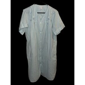 Miss Elaine Nightgown Striped Green Blue Seersucker Fabric L Snap Button Floral‎